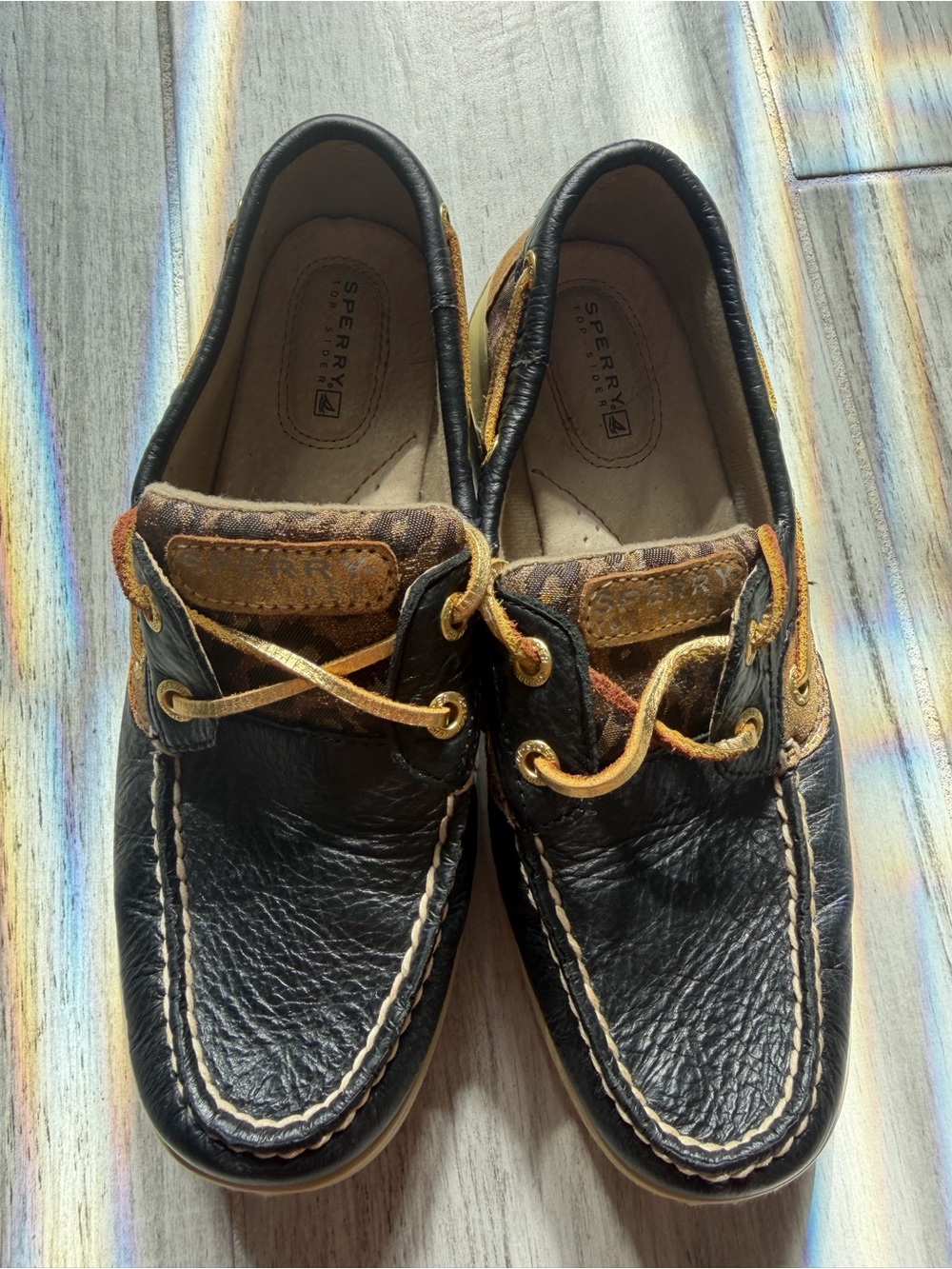 Sperry Black Leather Boat Shoes with Brown Leopard Accents